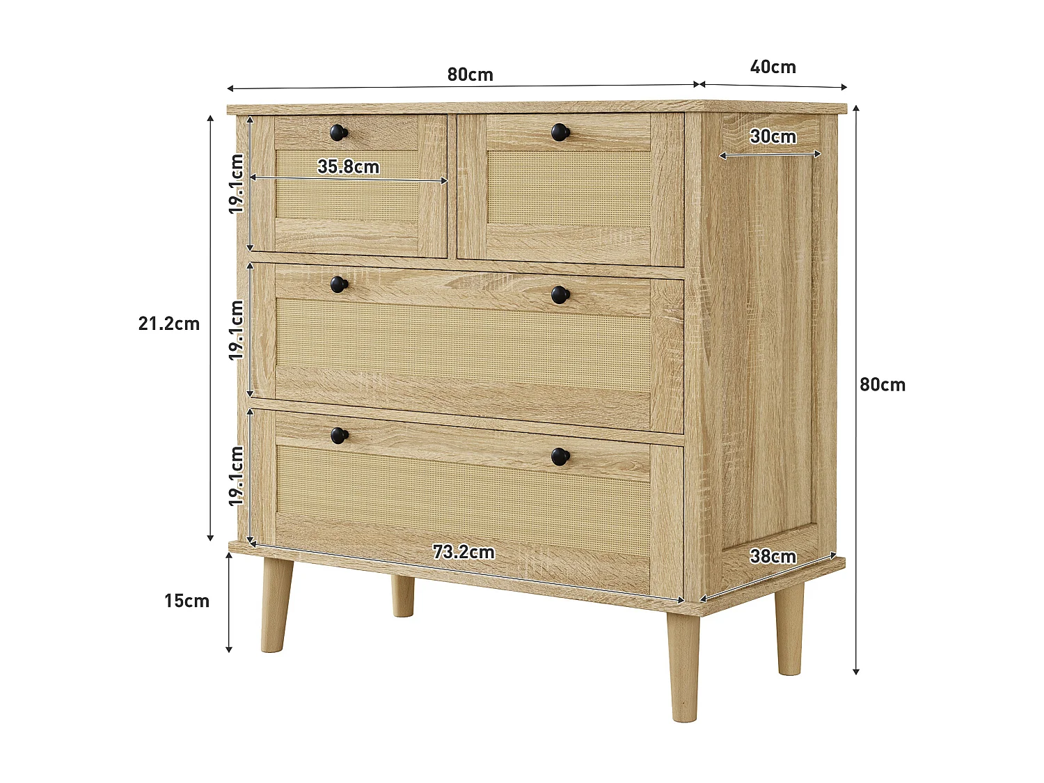 Commode à 4 tiroirs - 80 x 40 x 80 cm - tiroirs en rotin - meuble de rangement - aggloméré - naturel