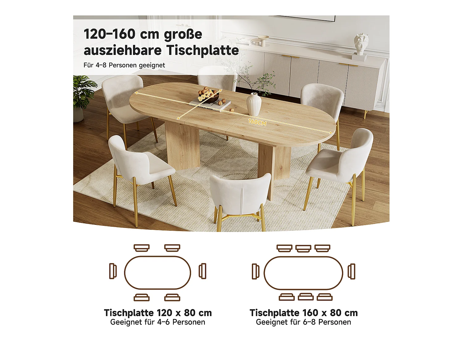 Table à manger extensible - 120/160 x 80 x 75.5 cm - pour 4 à 6 personnes - style simple - MDF - naturel