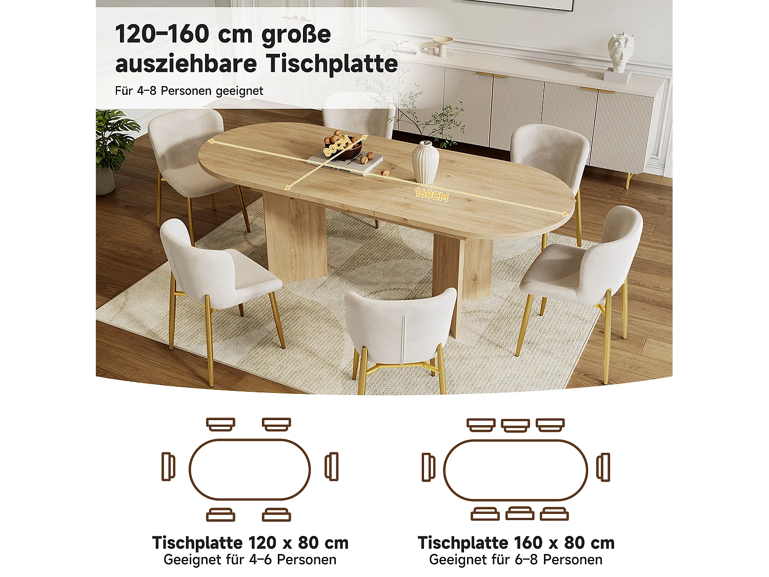 Table à manger extensible - 120/160 x 80 x 75.5 cm - pour 4 à 6 personnes - style simple - MDF - naturel