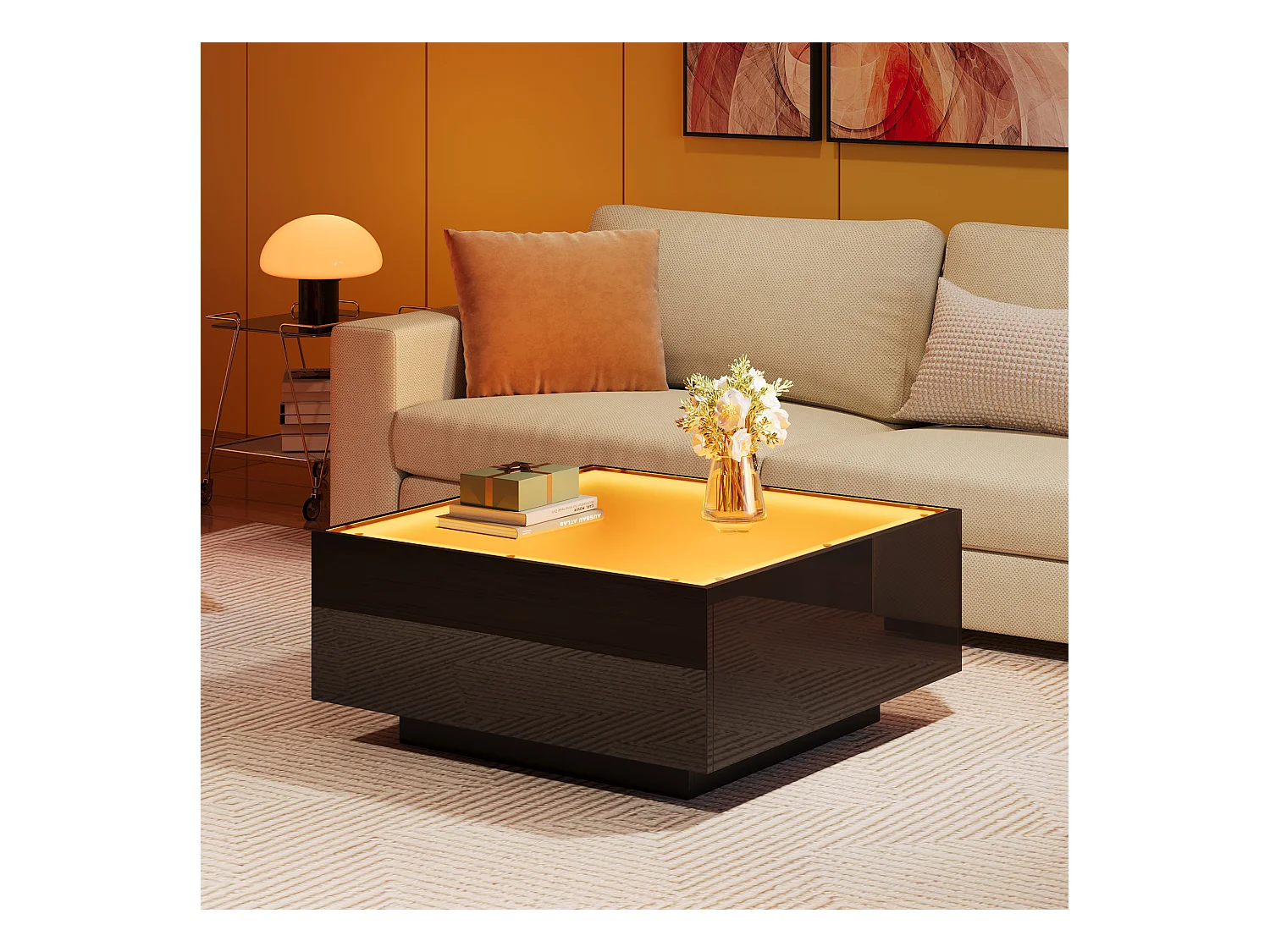 Table basse brillante - 70 x 70 x 36cm - avec plateau en verre + Leds - aggloméré - noir