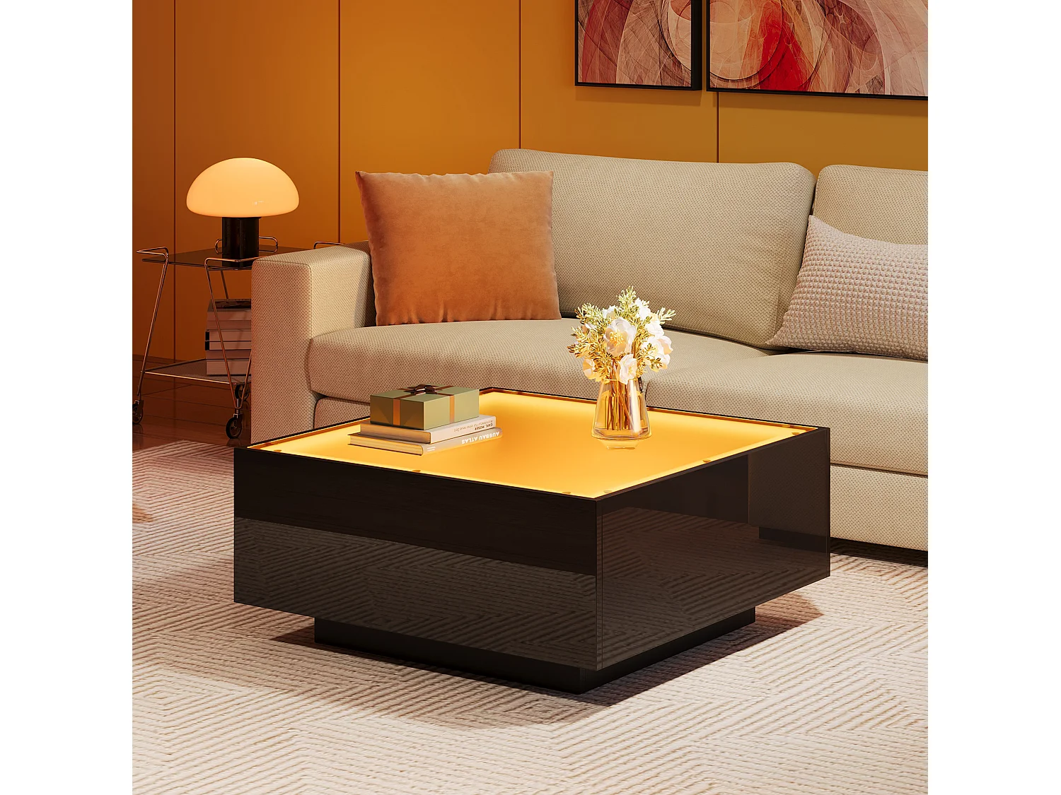 Table basse brillante - 70 x 70 x 36cm - avec plateau en verre + Leds - aggloméré - noir