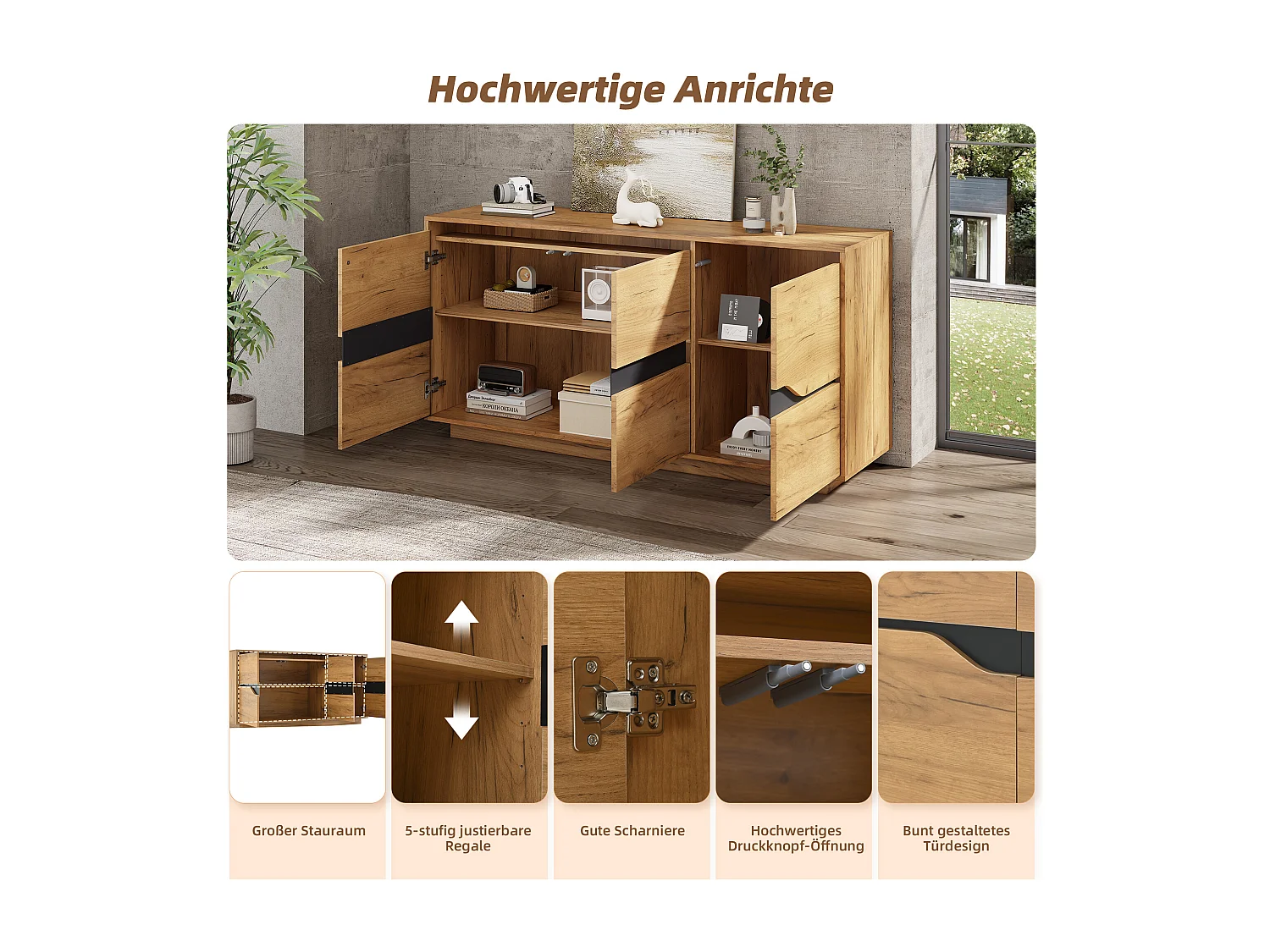 Woonkamer dressoir - 140 x 40 x 76cm - met 3 deuren - bank dressoir - spaanplaat - naturel