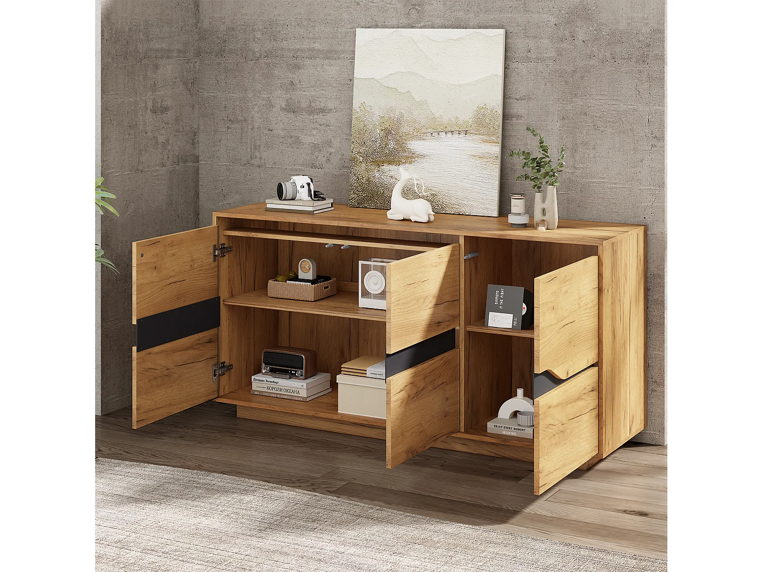 Skænk til stuen – 140 x 40 x 70 cm – 3 låger – skab ved siden af ​​sofaen – spånplade – finish i naturtræslook