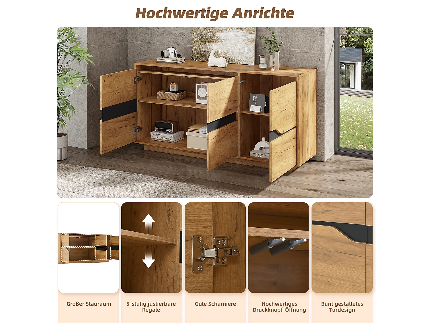 Skænk til stuen – 140 x 40 x 70 cm – 3 låger – skab ved siden af ​​sofaen – spånplade – finish i naturtræslook