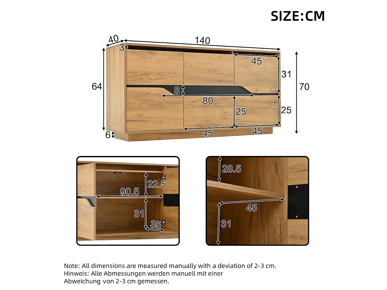 Skænk til stuen – 140 x 40 x 70 cm – 3 låger – skab ved siden af ​​sofaen – spånplade – finish i naturtræslook