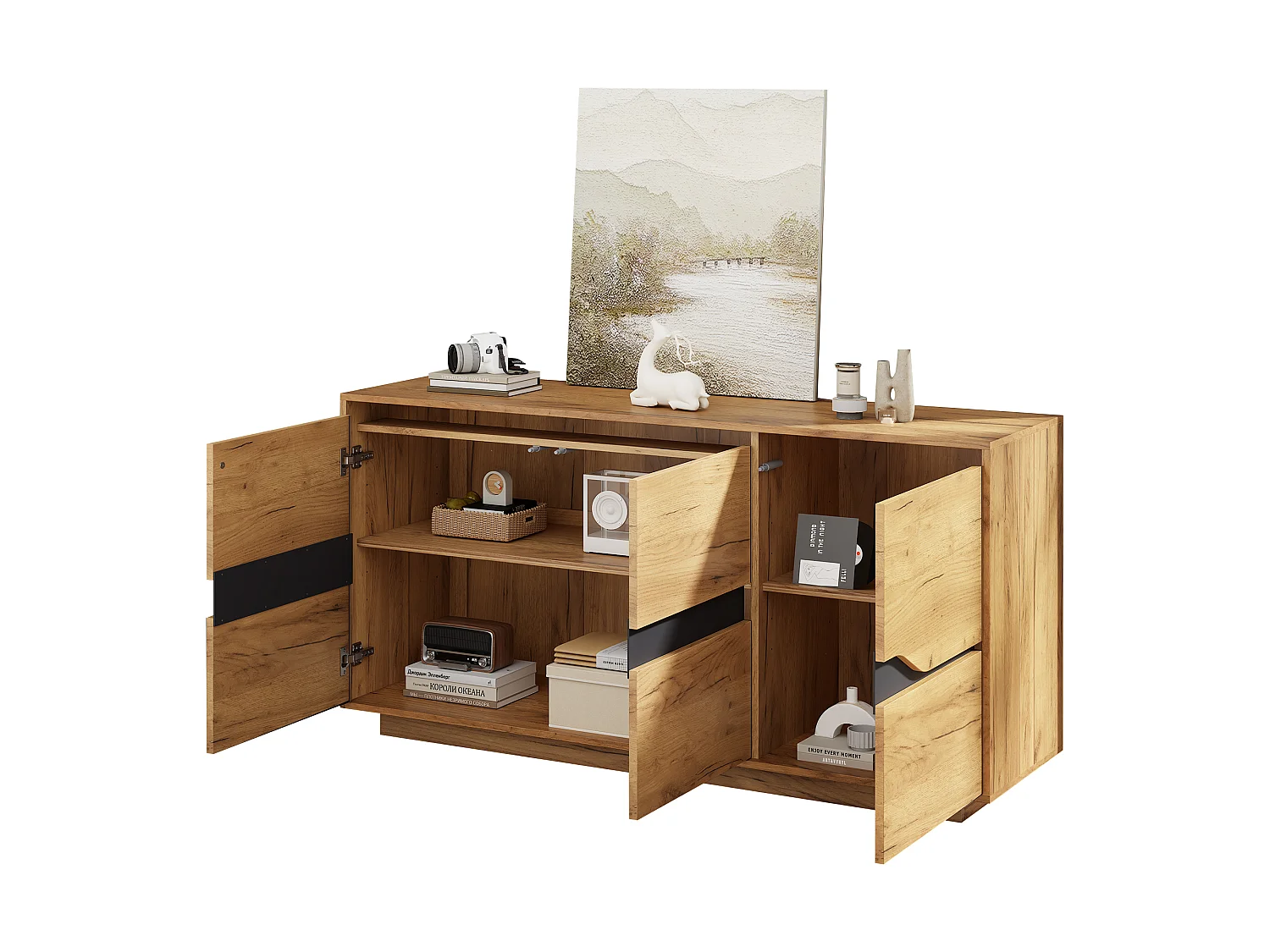 Skænk til stuen – 140 x 40 x 70 cm – 3 låger – skab ved siden af ​​sofaen – spånplade – finish i naturtræslook