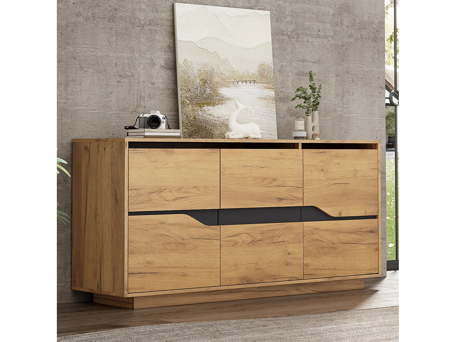 Skænk til stuen – 140 x 40 x 70 cm – 3 låger – skab ved siden af ​​sofaen – spånplade – finish i naturtræslook