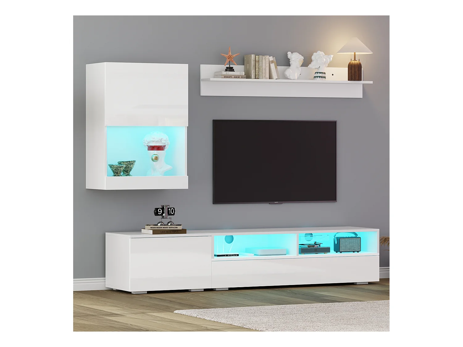Conjunto de móveis de 3 peças - 175 x 39 x 34 cm - Móvel de TV + armário de parede + prateleira de parede - aglomerado - branco