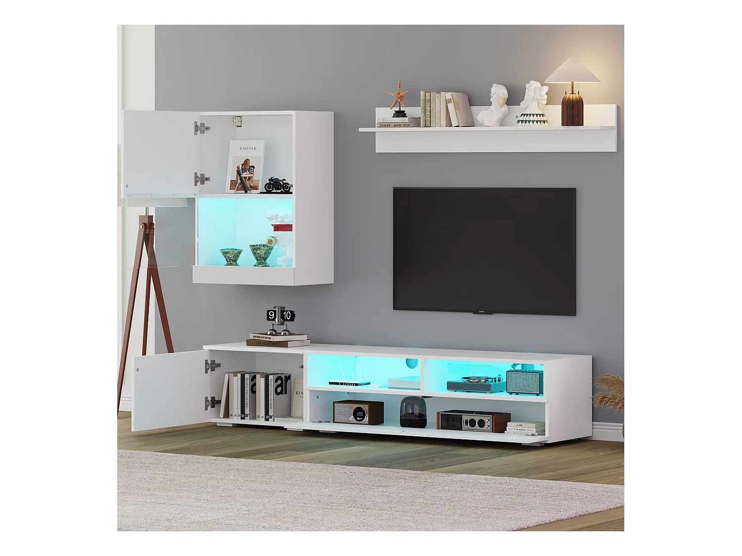 Conjunto de móveis de 3 peças - 175 x 39 x 34 cm - Móvel de TV + armário de parede + prateleira de parede - aglomerado - branco