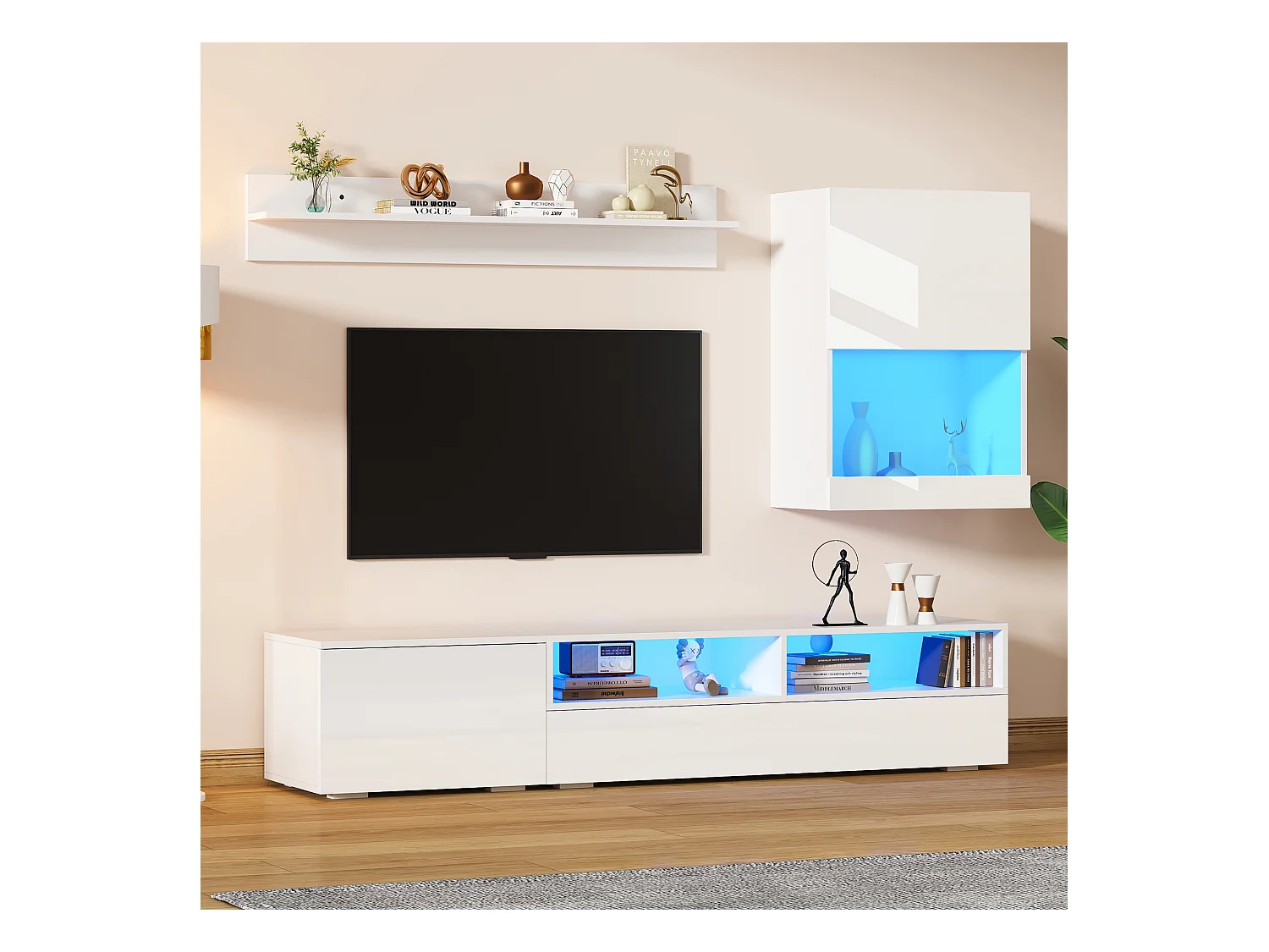 Conjunto de móveis de 3 peças - 175 x 39 x 34 cm - Móvel de TV + armário de parede + prateleira de parede - aglomerado - branco