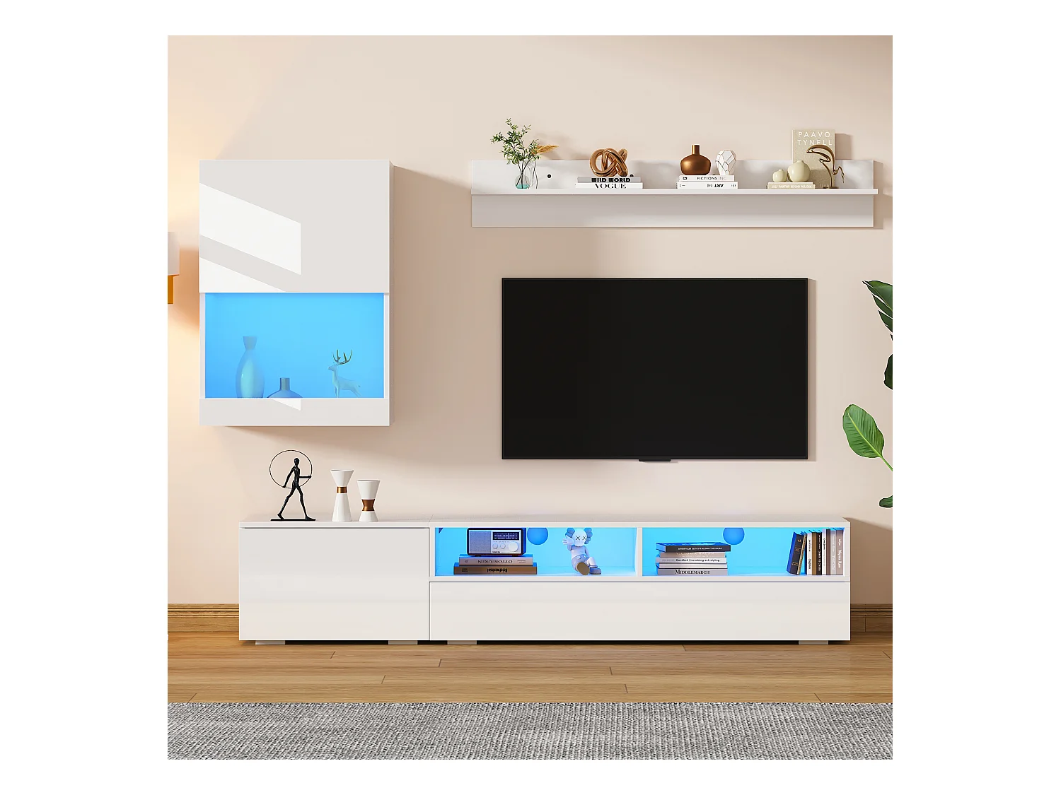 Conjunto de móveis de 3 peças - 175 x 39 x 34 cm - Móvel de TV + armário de parede + prateleira de parede - aglomerado - branco