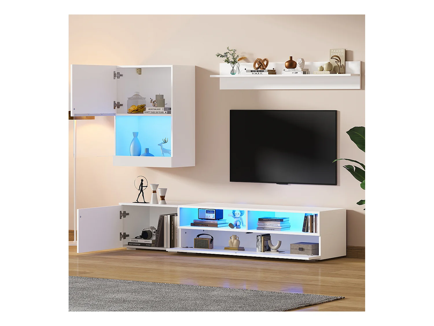 Conjunto de móveis de 3 peças - 175 x 39 x 34 cm - Móvel de TV + armário de parede + prateleira de parede - aglomerado - branco