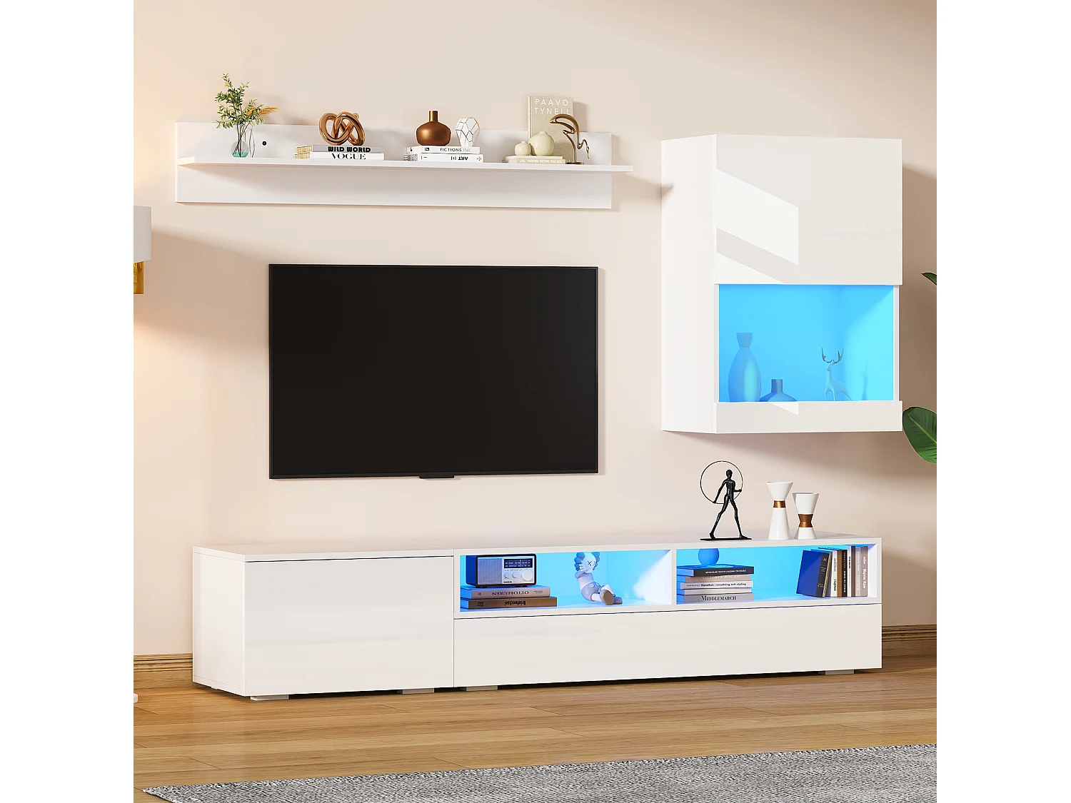 Ensemble de meubles 3 pièces - 175 x 39 x 34 cm - meuble TV + meuble mural + étagère murale - aggloméré - blanc