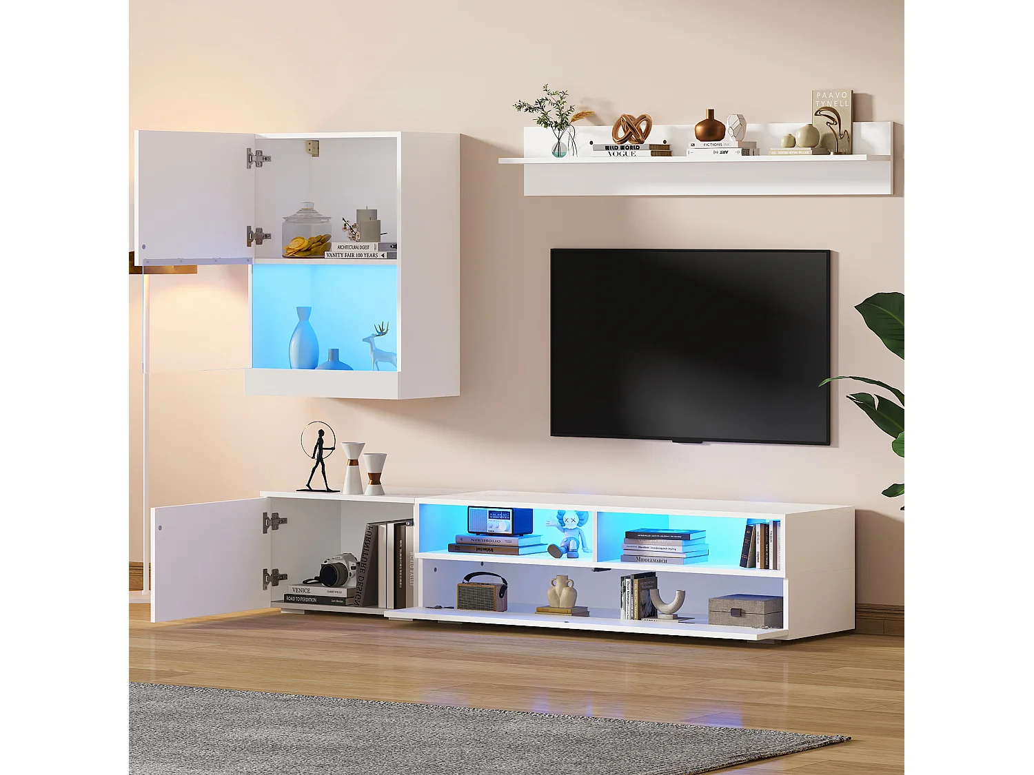 Ensemble de meubles 3 pièces - 175 x 39 x 34 cm - meuble TV + meuble mural + étagère murale - aggloméré - blanc