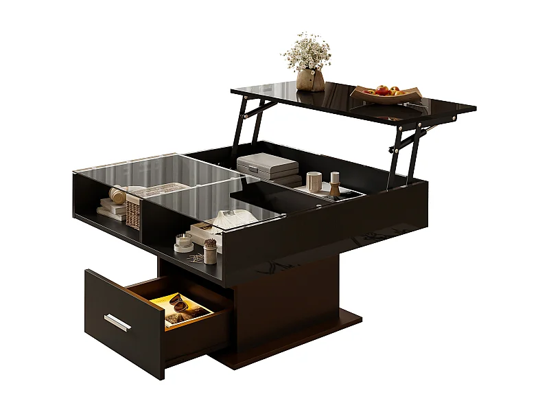 Hochklappbarer Couchtisch - 78 x 78 x 45/59 cm - Hochglanz mit LEDs + 1 Schublade - Spanplatte - Schwarz