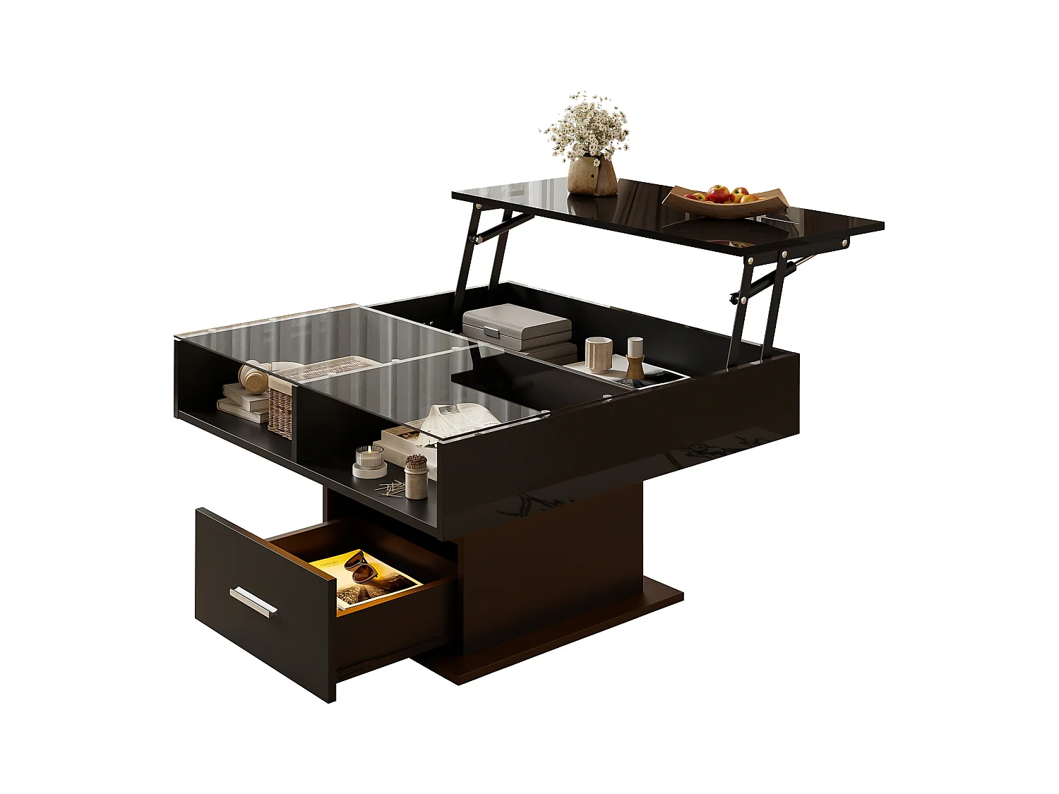 Table basse relevable - 78 x 78 x 45/59 cm - haute brillance avec Leds + 1 tiroir - aggloméré - noir