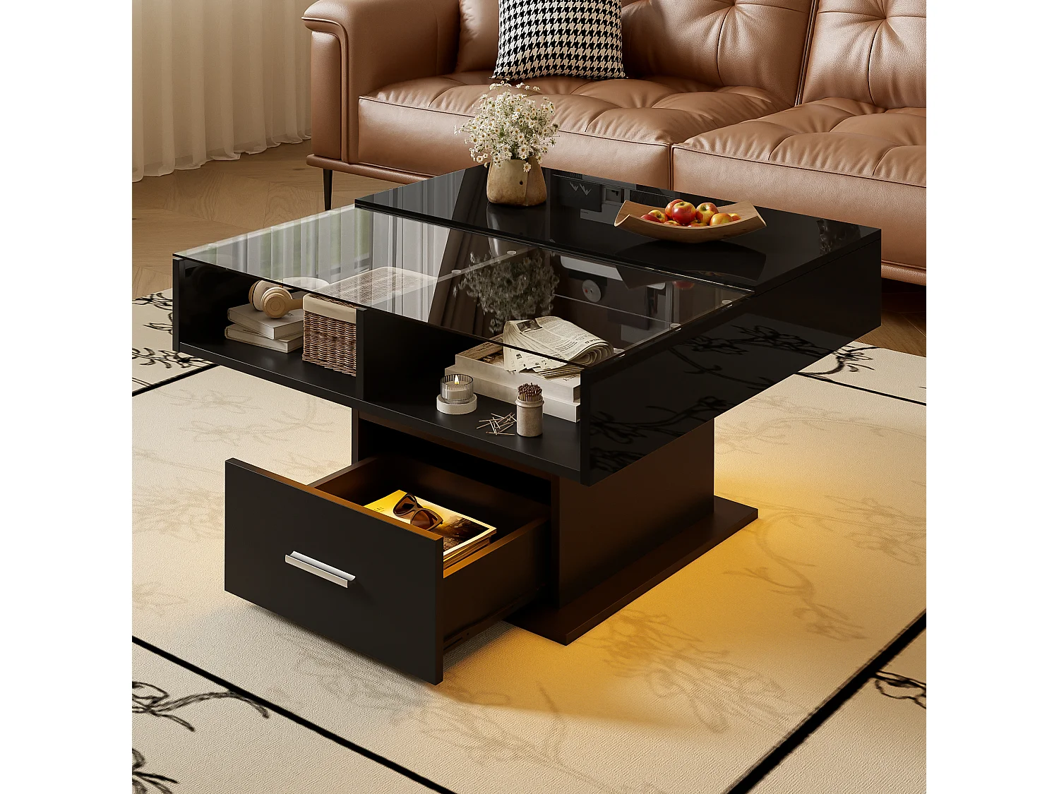 Table basse relevable - 78 x 78 x 45/59 cm - haute brillance avec Leds + 1 tiroir - aggloméré - noir