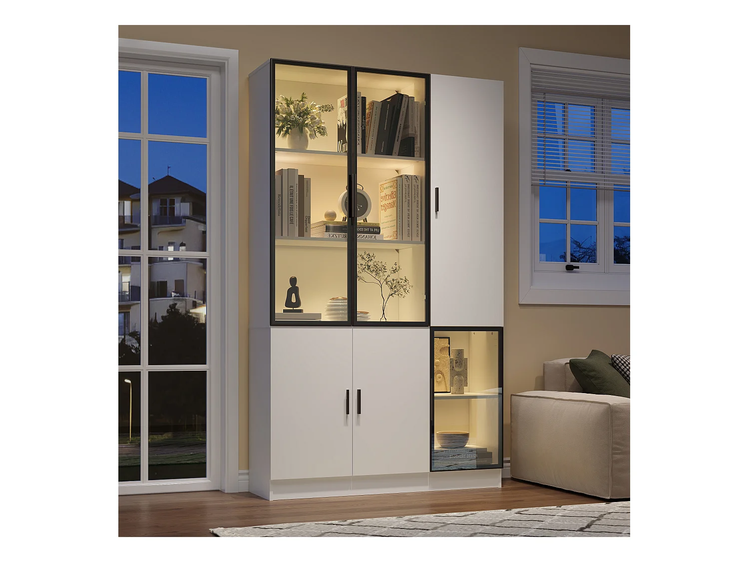 Moderne Vitrine - 120 x 35 x 200 cm - mit 3 Glastüren + LEDs - MDF + Glas - weiß