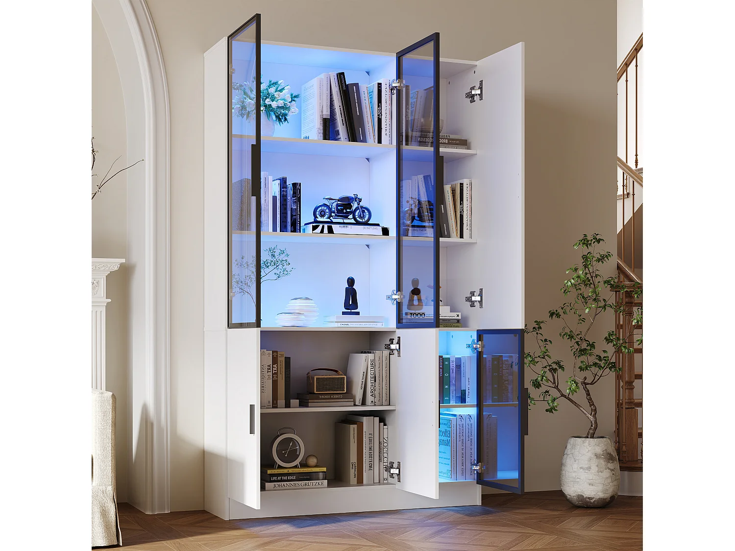 Vitrine moderne - 120 x 35 x 200 cm  - avec 3 portes en verre  + Leds - MDF + verre - blanc