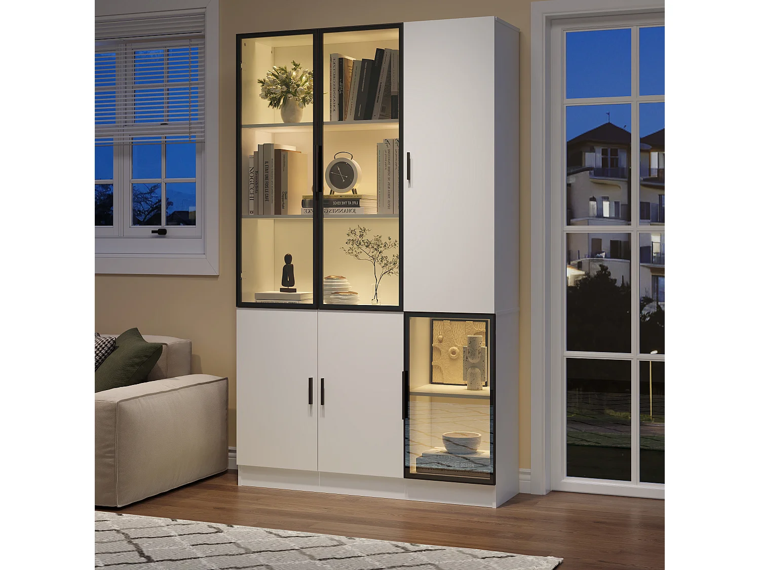 Vitrine moderne - 120 x 35 x 200 cm  - avec 3 portes en verre  + Leds - MDF + verre - blanc