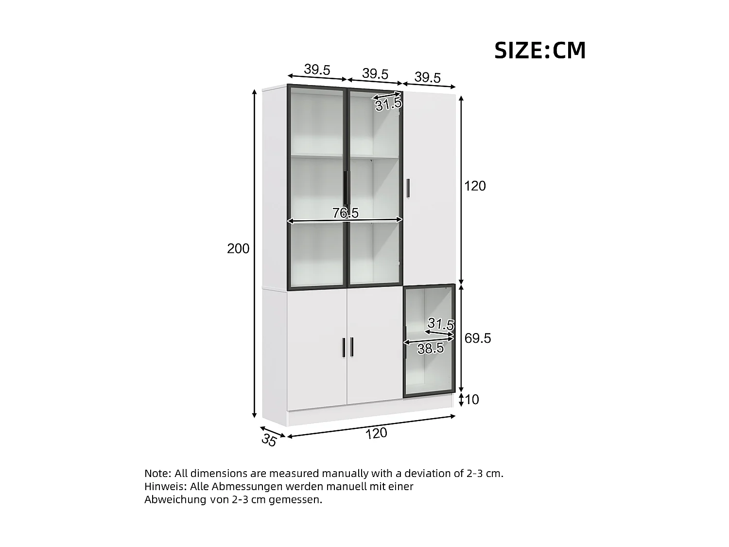 Vitrine moderne - 120 x 35 x 200 cm  - avec 3 portes en verre  + Leds - MDF + verre - blanc