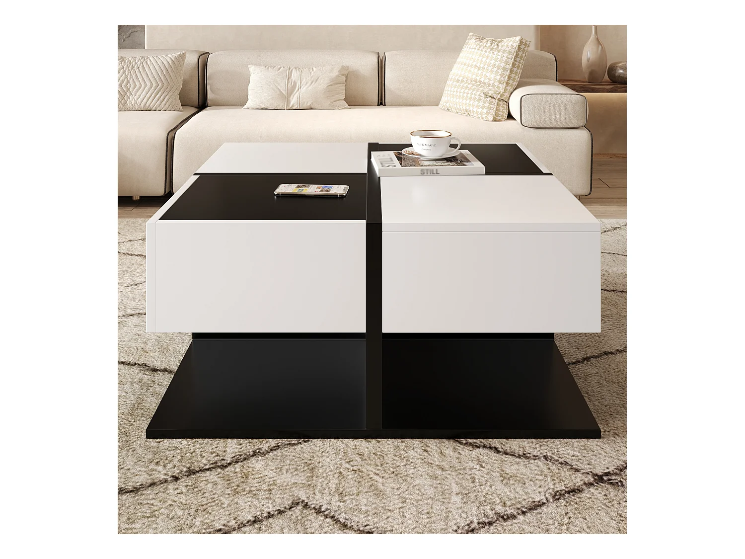 Table basse brillante - 70 x 70 x 35.5 cm - avec 2 tiroirs - aggloméré - blanc + noir