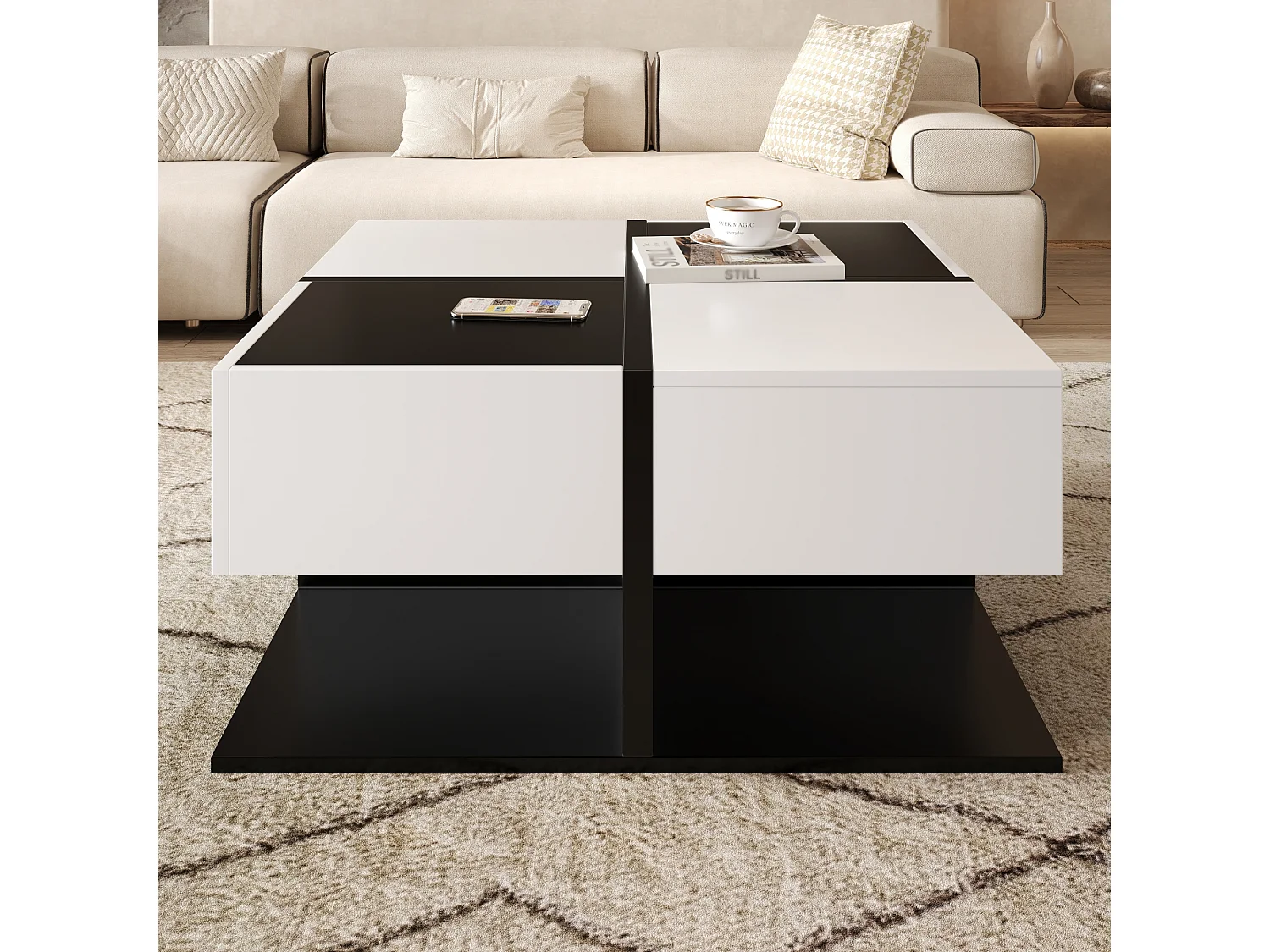 Table basse brillante - 70 x 70 x 35.5 cm - avec 2 tiroirs - aggloméré - blanc + noir
