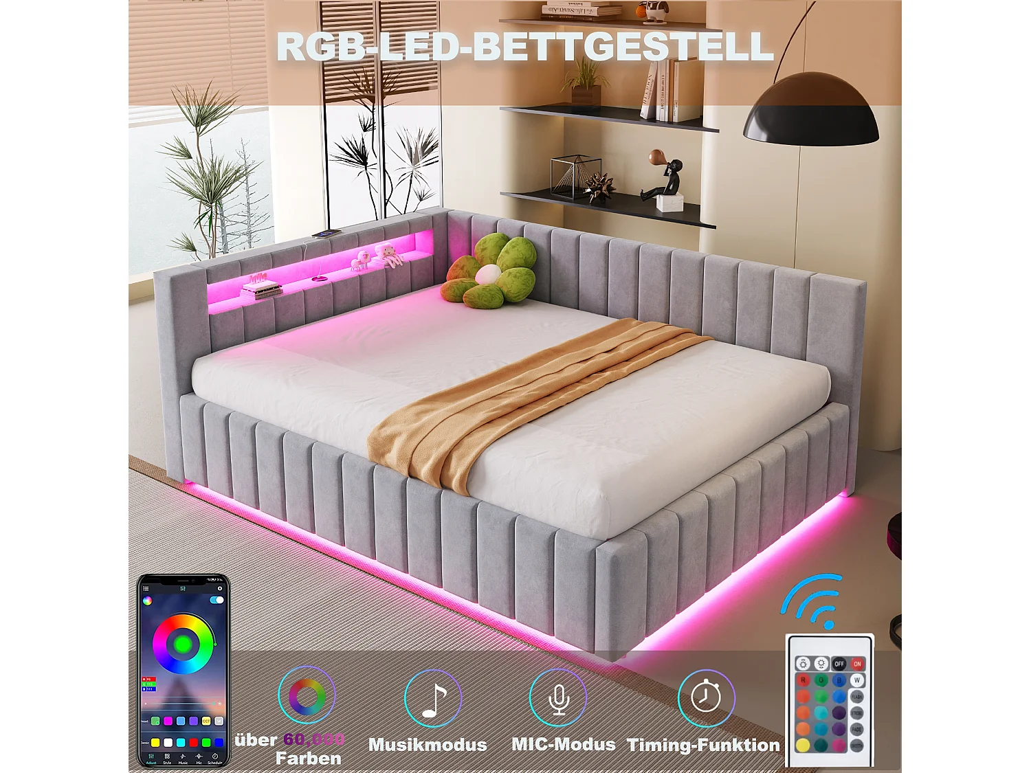 Canapé-lit rembourré - 140 x 200 cm - avec coffre hydraulique + Leds + dossier + tête de lit - velours - gris clair