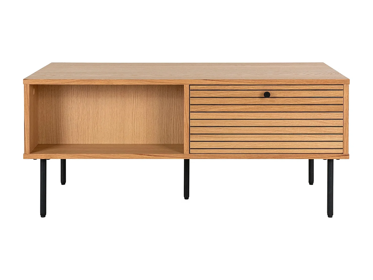 Mesa de centro Kyoto - Mesa de centro, chapa de roble, patas de metal negro, 2 cajones 50x100x45 cm