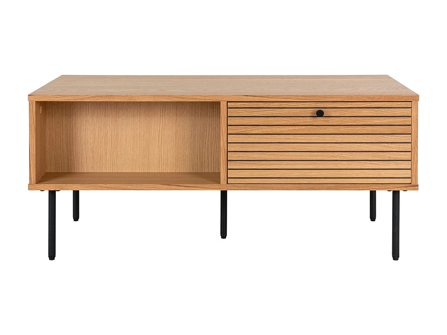 Mesa de centro Kyoto - Mesa de centro, chapa de roble, patas de metal negro, 2 cajones 50x100x45 cm