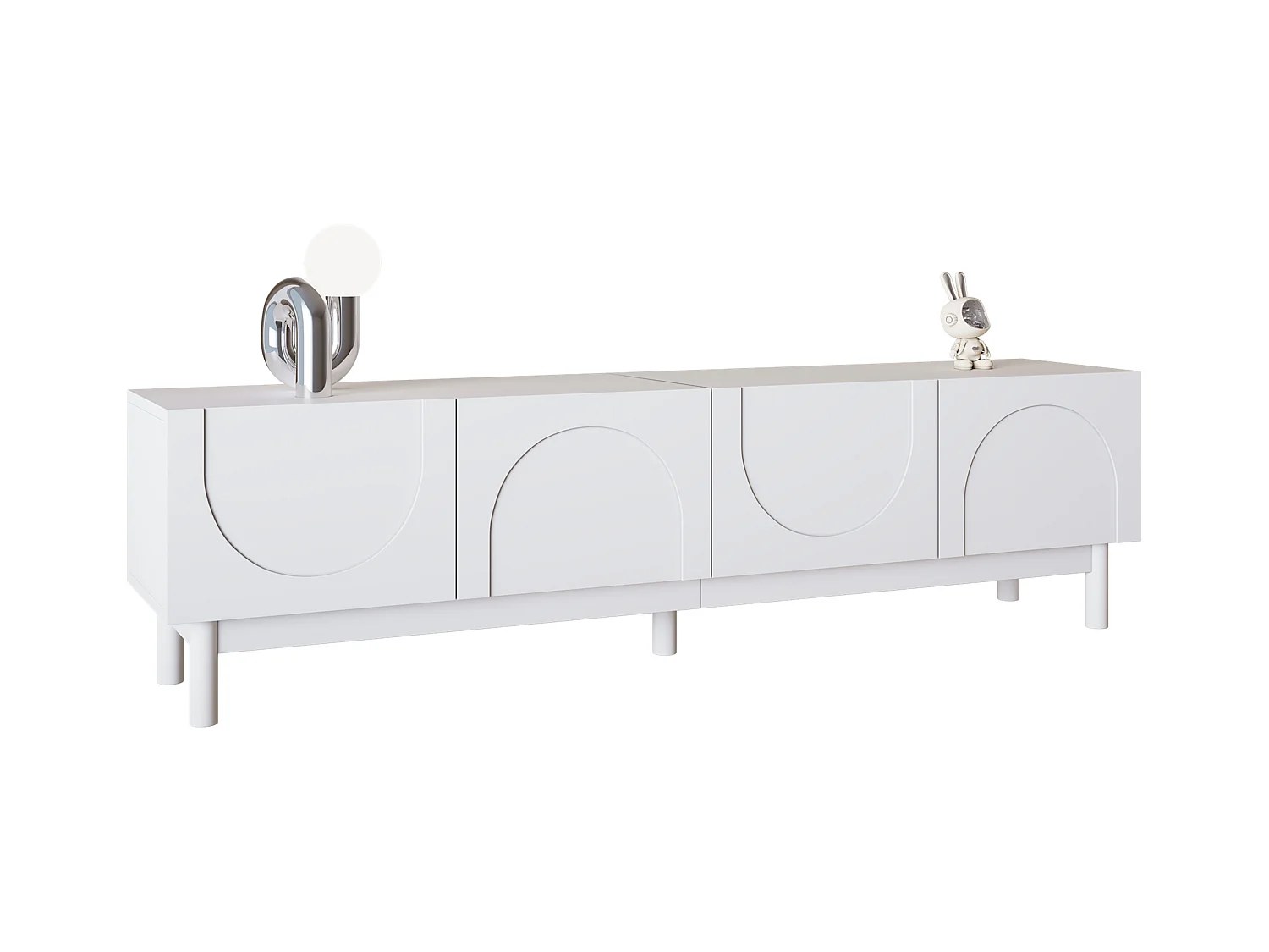 Meuble TV bas avec 4 portes courbes en forme de vague - 169 x 34 x 45 cm - MDF + aggloméré - blanc