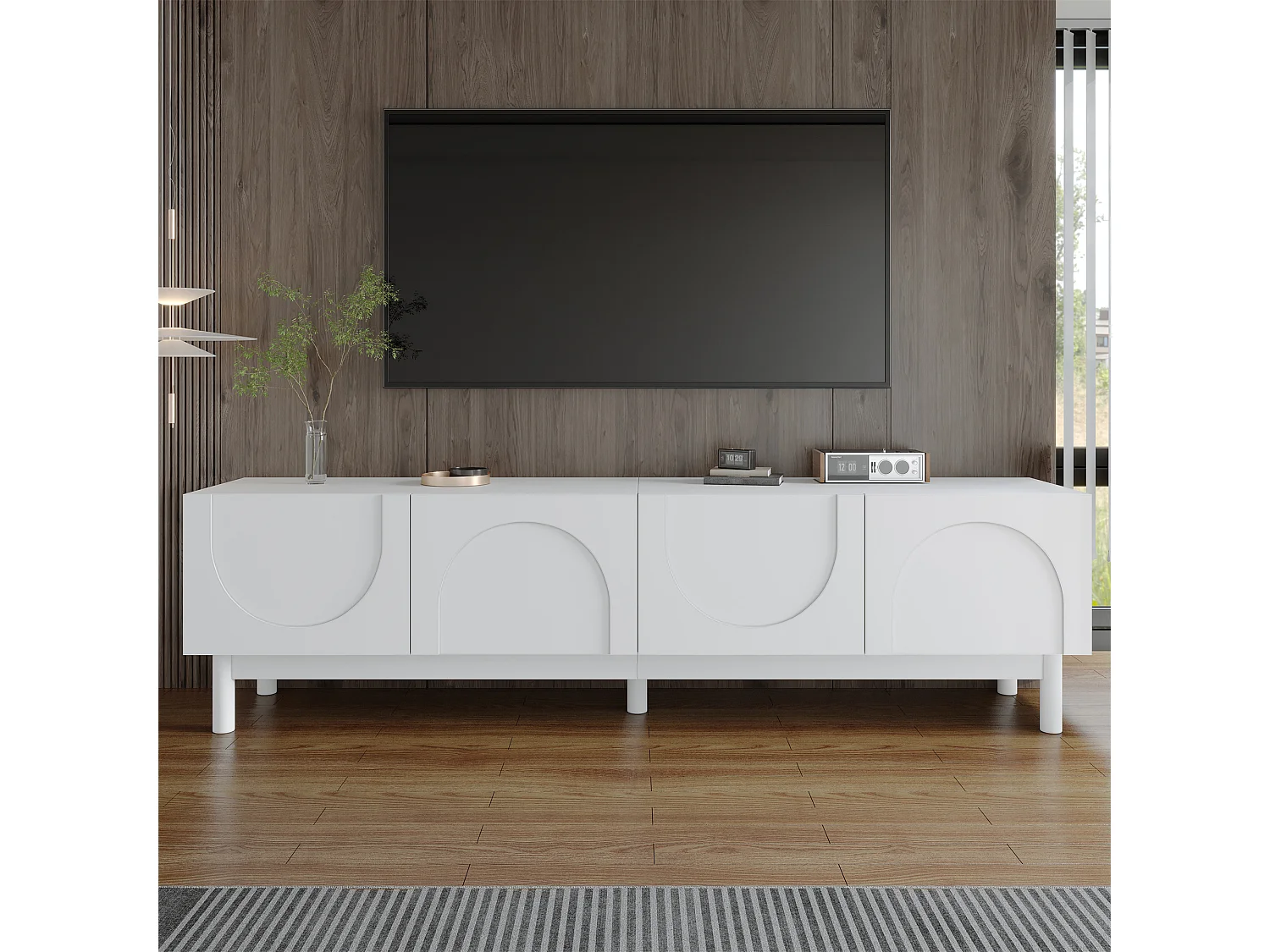 Niedriger TV-Schrank mit 4 geschwungenen, wellenförmigen Türen – 169 x 34 x 45 cm – MDF + Spanplatte – weiß