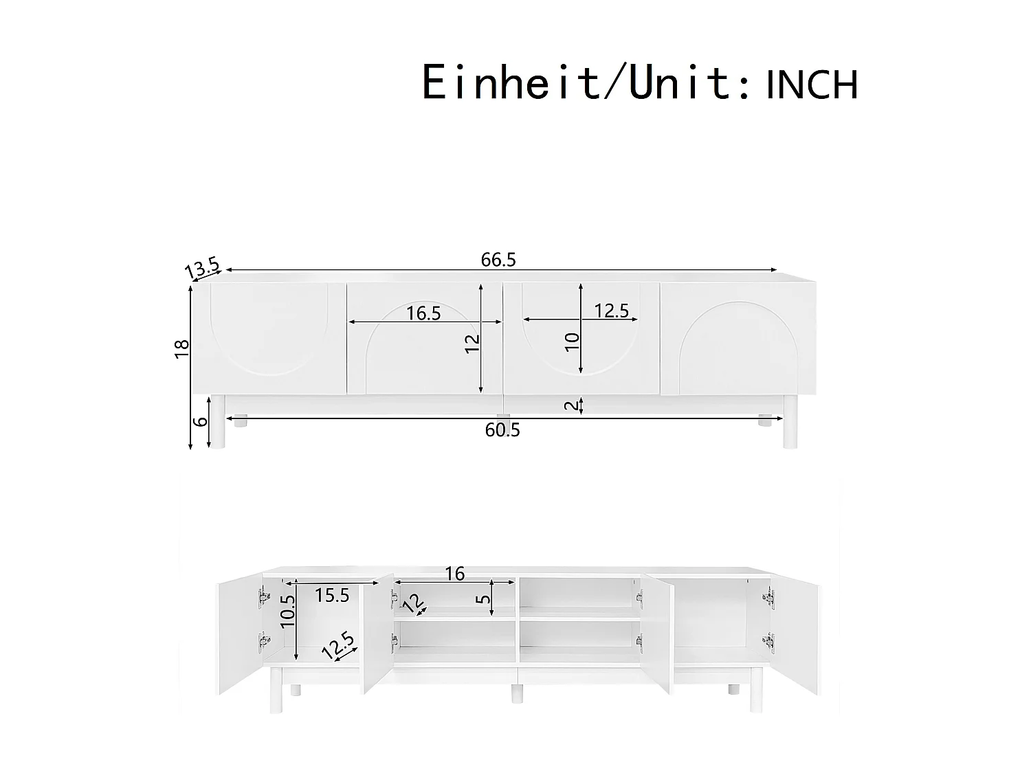 Niedriger TV-Schrank mit 4 geschwungenen, wellenförmigen Türen – 169 x 34 x 45 cm – MDF + Spanplatte – weiß
