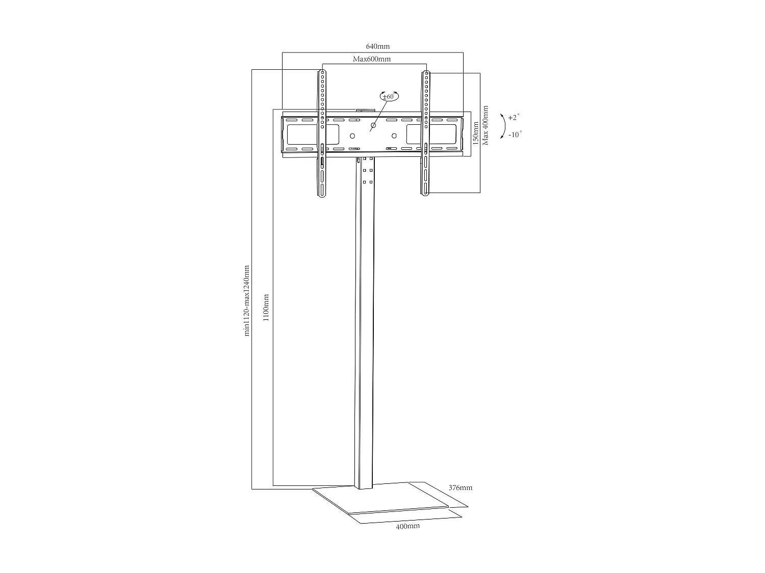 TV stand feet Zanta Black H. 112-124 x W. 64 x D. 38 cm
