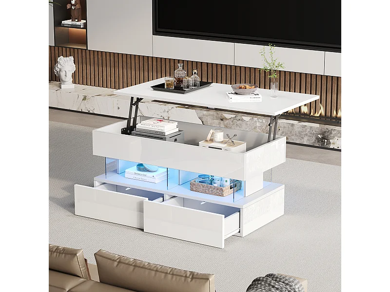 Hochklappbarer Couchtisch – 120 x 50 x 46 cm – verdeckter Stauraum + LEDs + 2 Schubladen – MDF + gehärtetes Glas – weiß