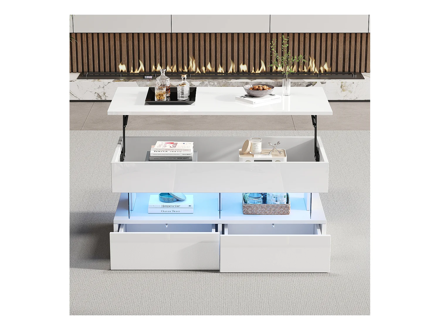 Table basse relevable - 120 x 50 x 46 cm - rangement dissimulé + Leds + 2 tiroirs - MDF + verre trempé - blanc