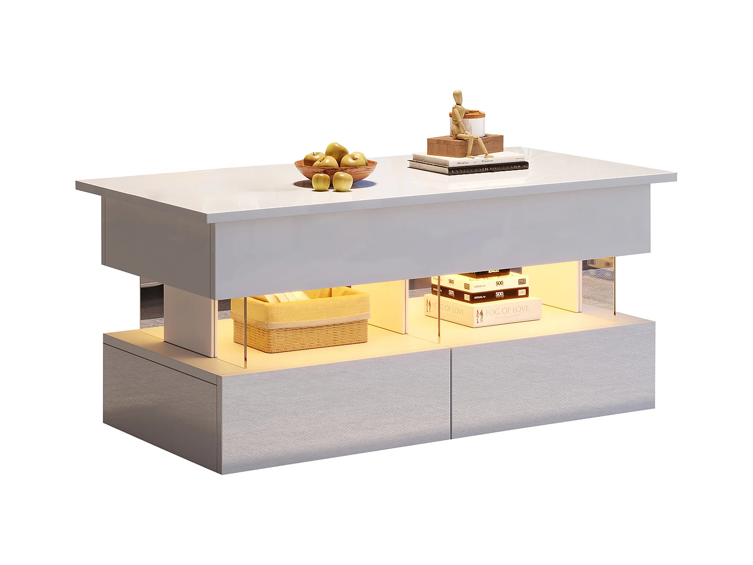 Table basse relevable - 120 x 50 x 46 cm - rangement dissimulé + Leds + 2 tiroirs - MDF + verre trempé - blanc