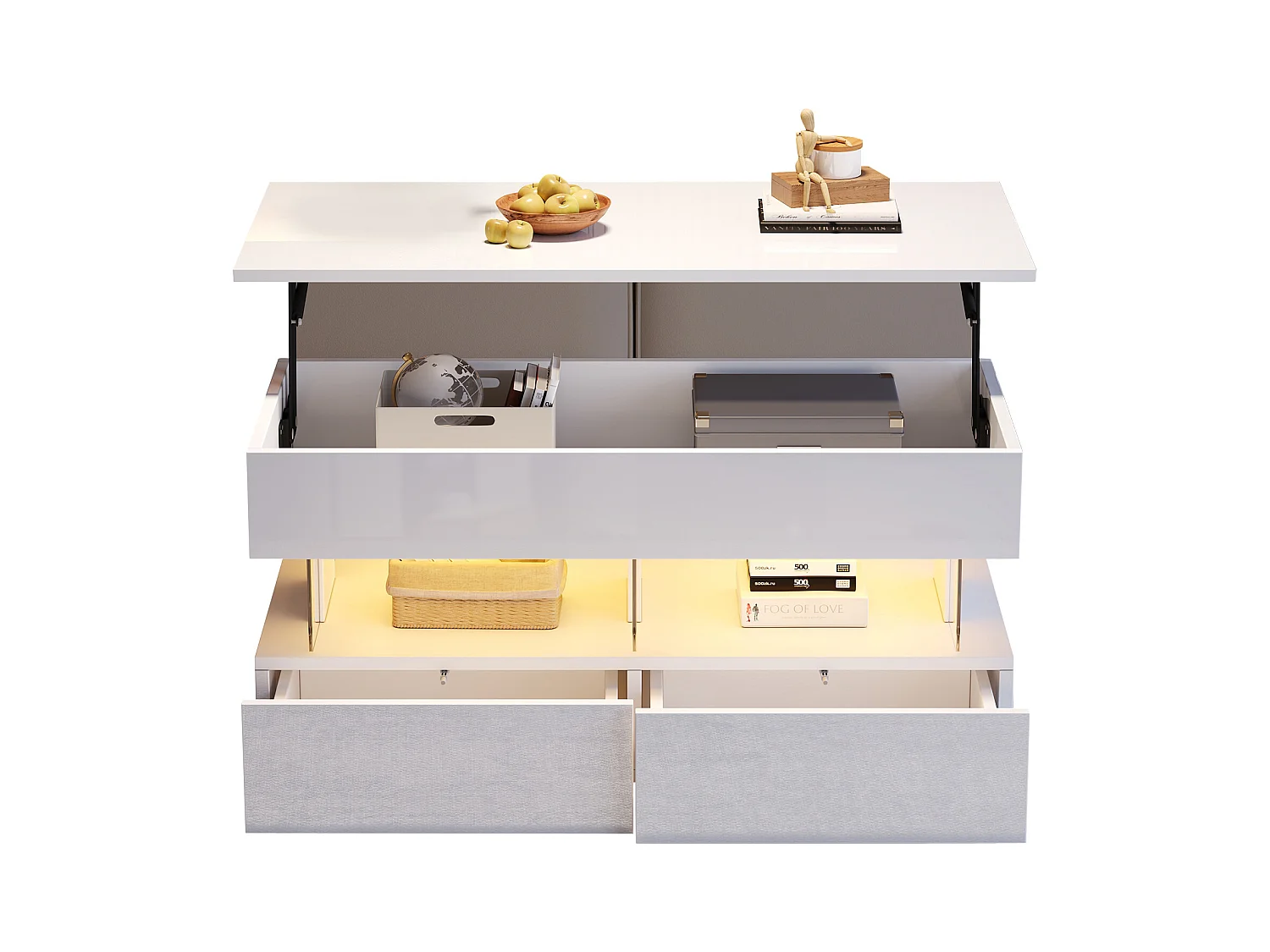 Table basse relevable - 120 x 50 x 46 cm - rangement dissimulé + Leds + 2 tiroirs - MDF + verre trempé - blanc