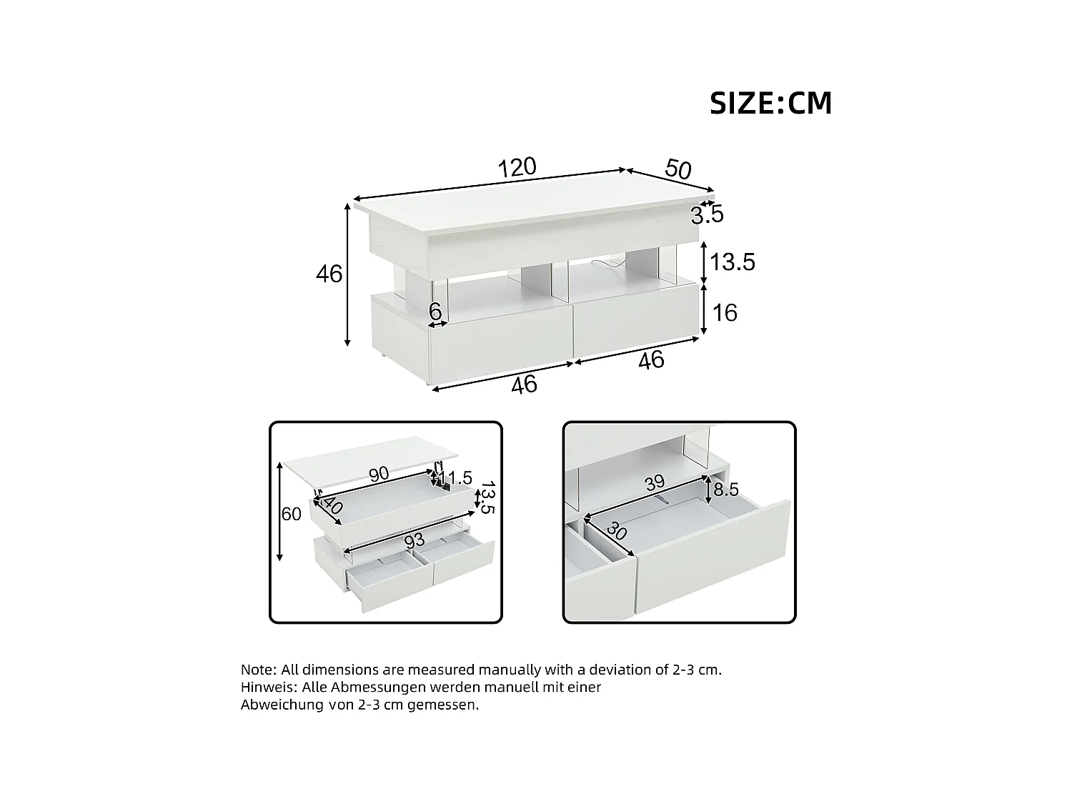 Table basse relevable - 120 x 50 x 46 cm - rangement dissimulé + Leds + 2 tiroirs - MDF + verre trempé - blanc