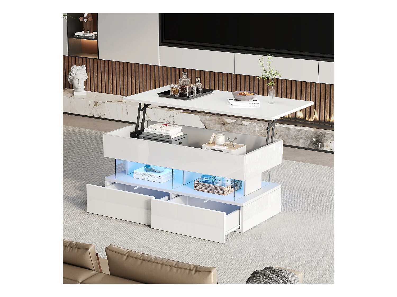 Hochklappbarer Couchtisch – 120 x 50 x 46 cm – verdeckter Stauraum + LEDs + 2 Schubladen – MDF + gehärtetes Glas – weiß