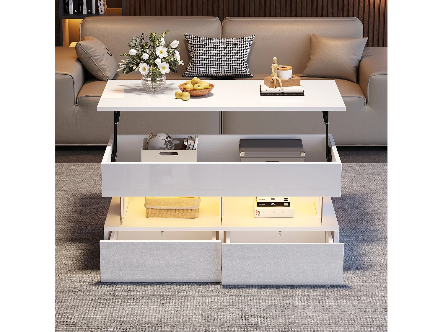 Mesa de centro elevatória - 120 x 50 x 46 cm - armazenamento oculto + LEDs + 2 gavetas - MDF + vidro temperado - branco