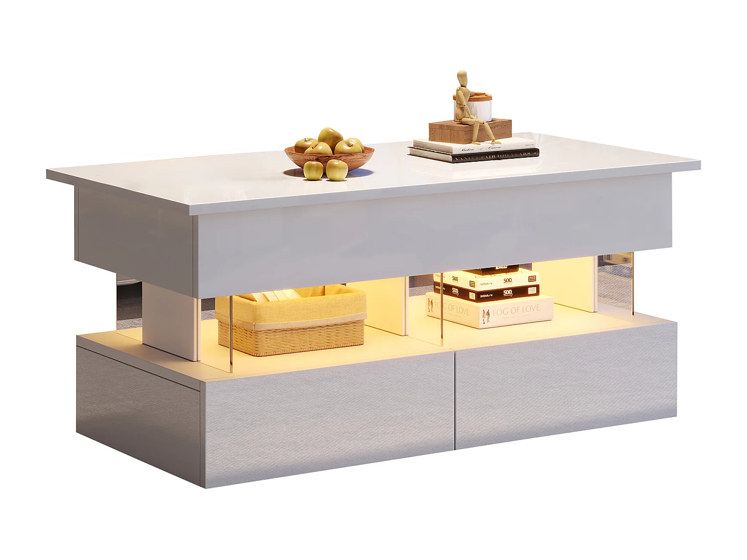 Mesa de centro elevatória - 120 x 50 x 46 cm - armazenamento oculto + LEDs + 2 gavetas - MDF + vidro temperado - branco