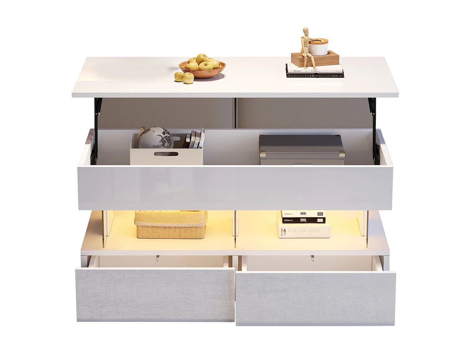 Mesa de centro elevatória - 120 x 50 x 46 cm - armazenamento oculto + LEDs + 2 gavetas - MDF + vidro temperado - branco