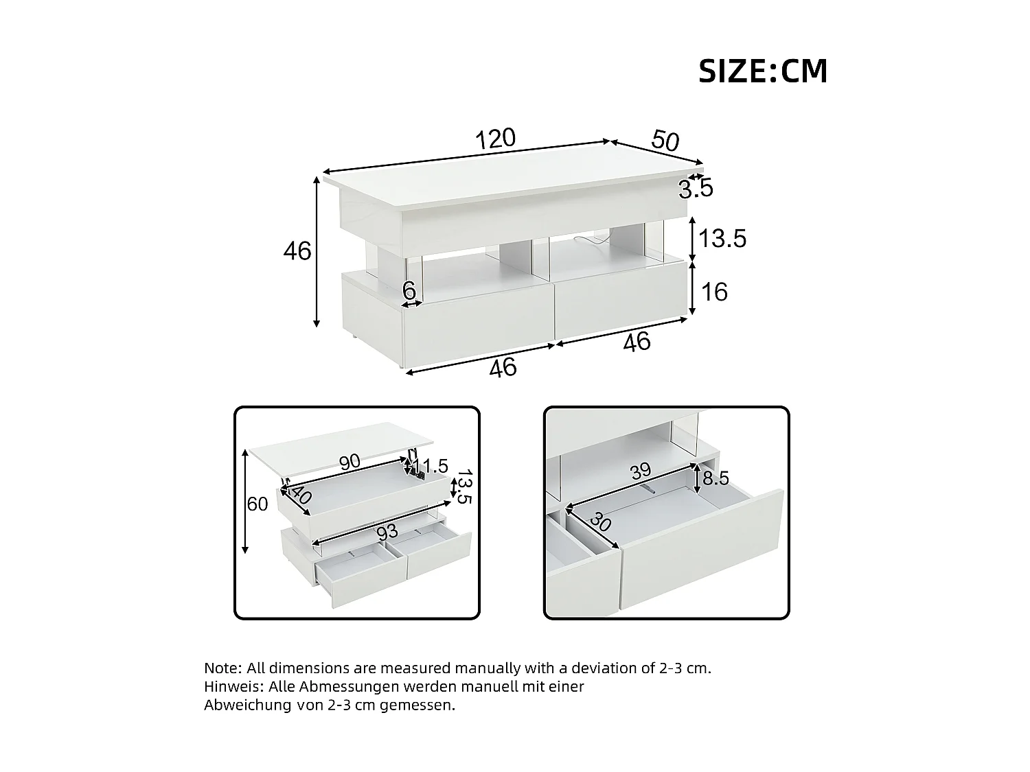 Mesa de centro elevatória - 120 x 50 x 46 cm - armazenamento oculto + LEDs + 2 gavetas - MDF + vidro temperado - branco