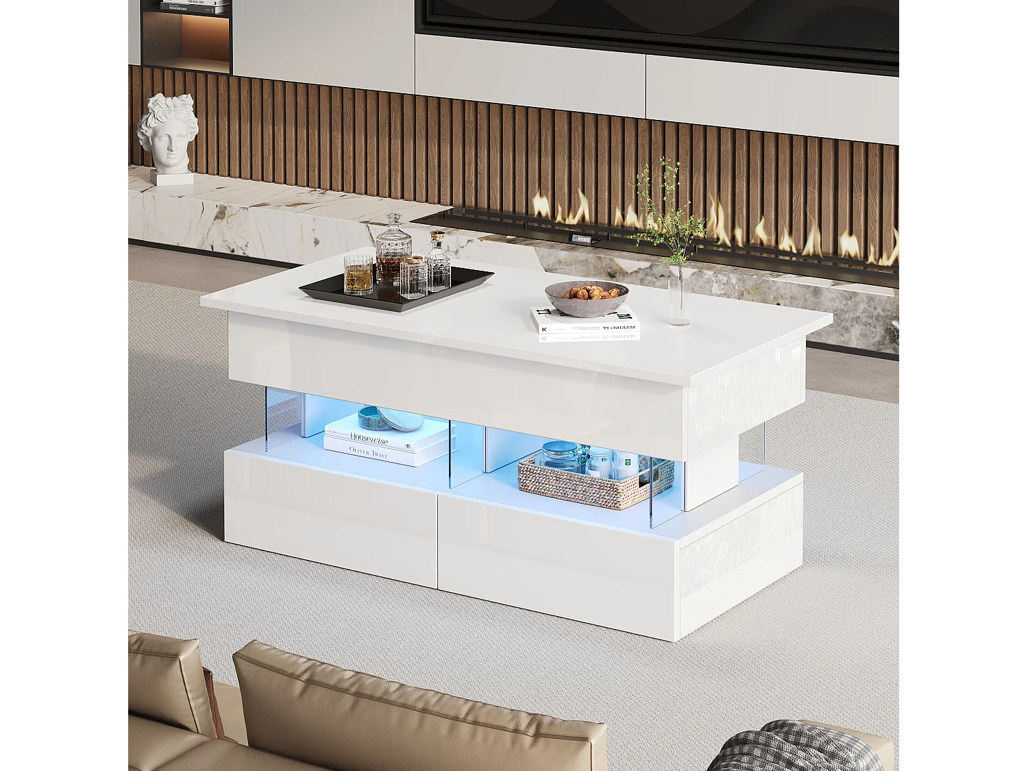 Table basse relevable - 100 x 50 x 46 cm - rangement dissimulé + Leds + 2 tiroirs - MDF + verre trempé - blanc