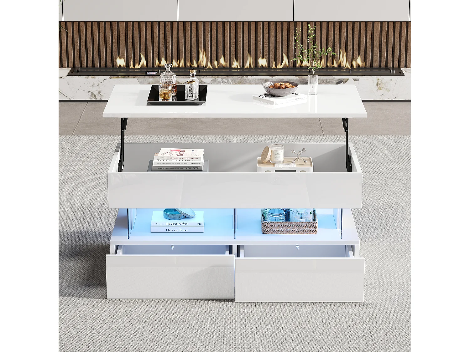 Table basse relevable - 100 x 50 x 46 cm - rangement dissimulé + Leds + 2 tiroirs - MDF + verre trempé - blanc