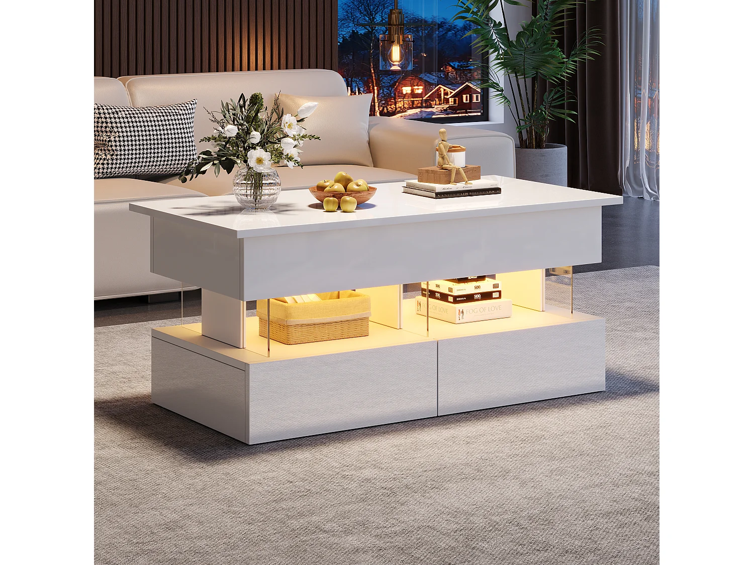 Table basse relevable - 100 x 50 x 46 cm - rangement dissimulé + Leds + 2 tiroirs - MDF + verre trempé - blanc