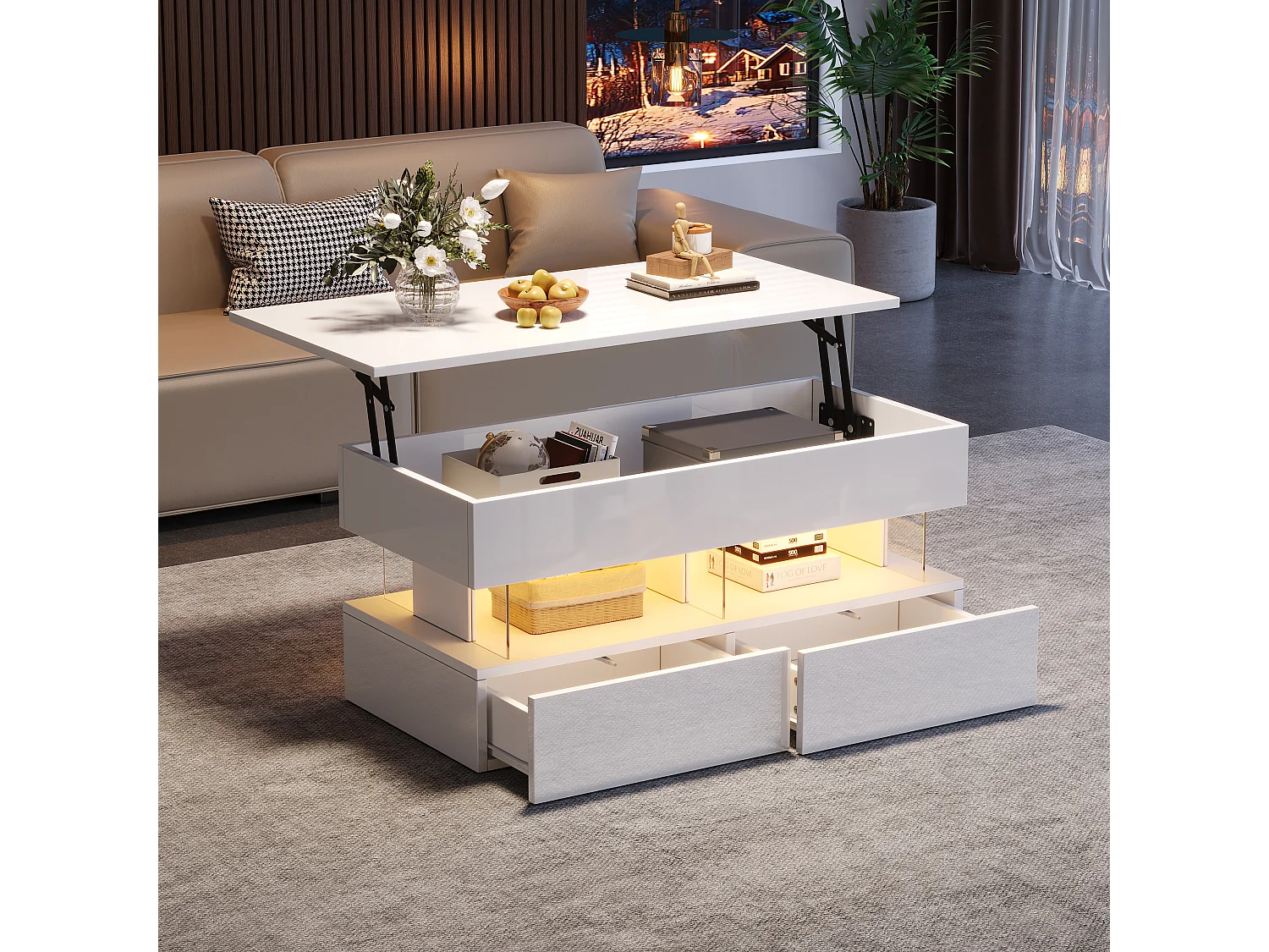 Table basse relevable - 100 x 50 x 46 cm - rangement dissimulé + Leds + 2 tiroirs - MDF + verre trempé - blanc