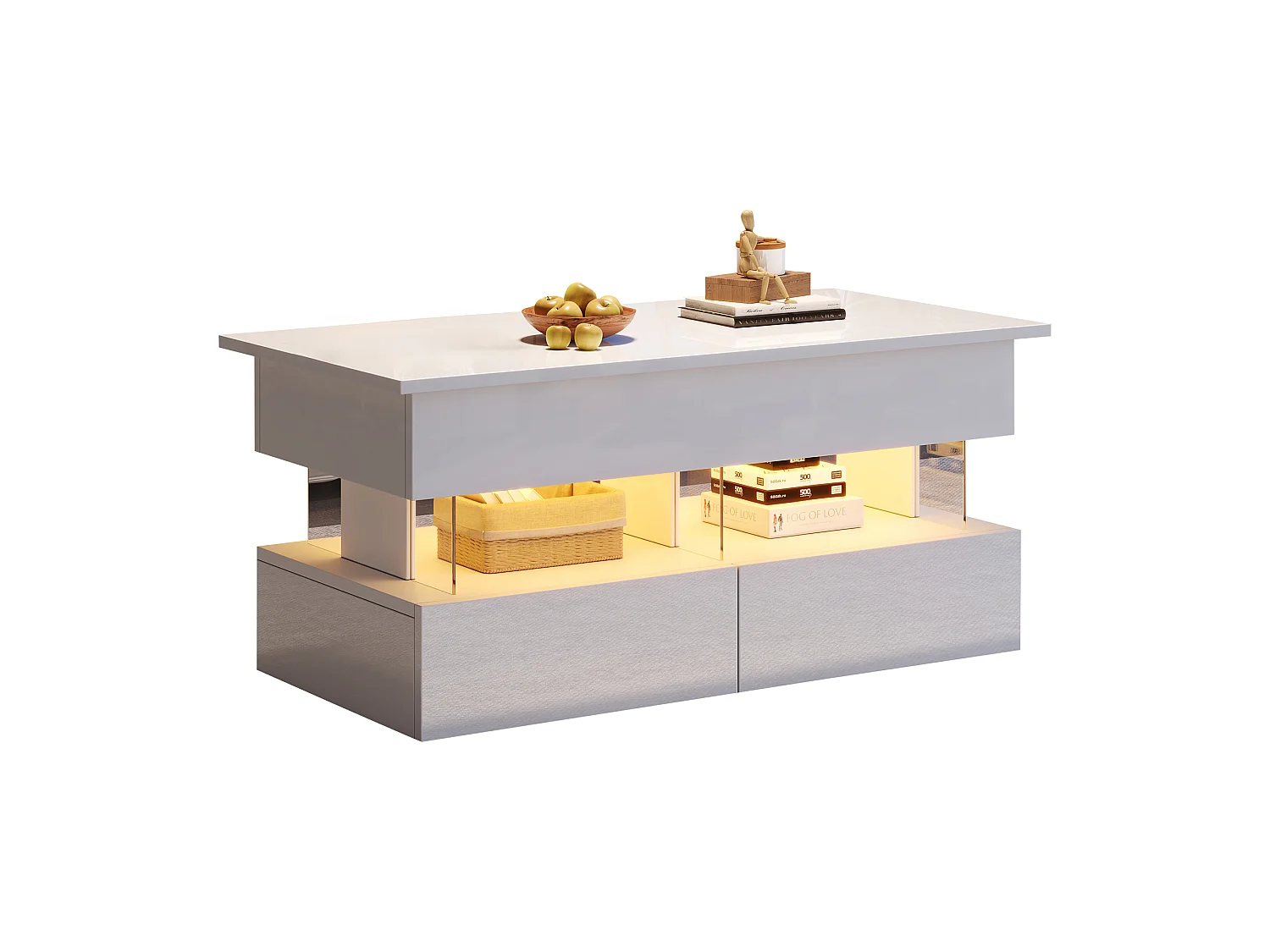 Table basse relevable - 100 x 50 x 46 cm - rangement dissimulé + Leds + 2 tiroirs - MDF + verre trempé - blanc