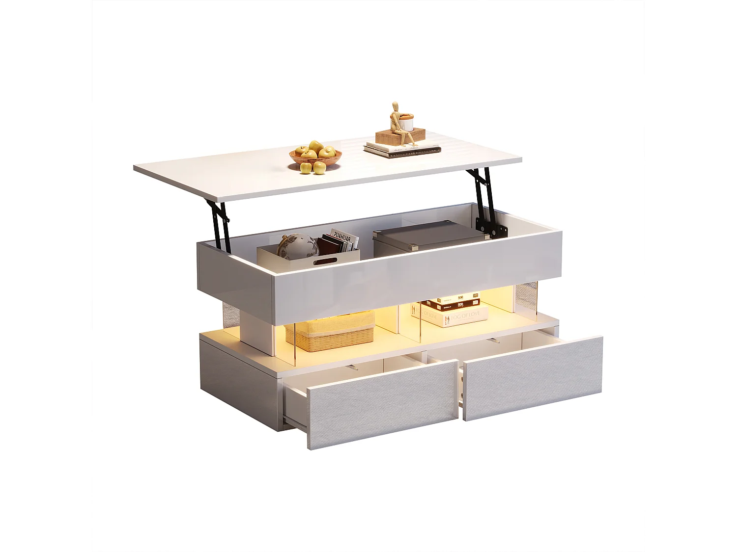 Table basse relevable - 100 x 50 x 46 cm - rangement dissimulé + Leds + 2 tiroirs - MDF + verre trempé - blanc